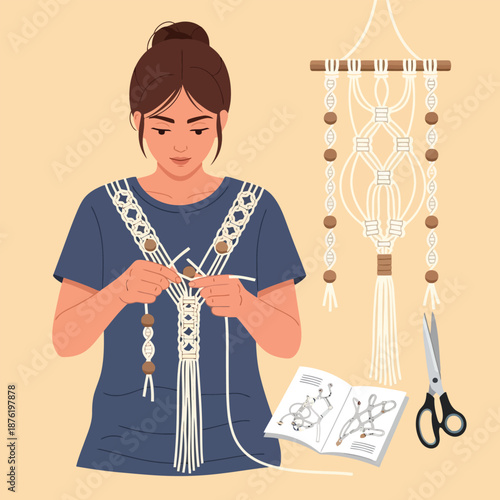 Woman Knitting Decorative Macrame Wall Art