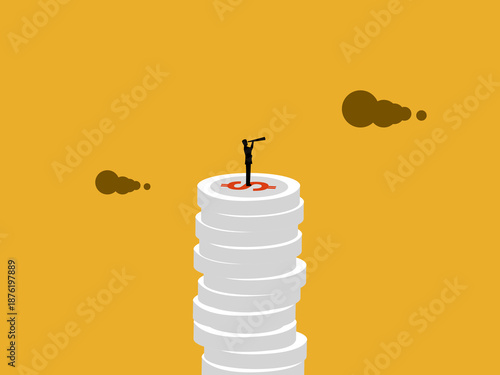 Looking for new sources of income, businessman at the top pile of coins and binoculars