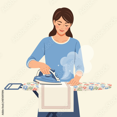 Woman Ironing Clothes Daily Chore Illustration