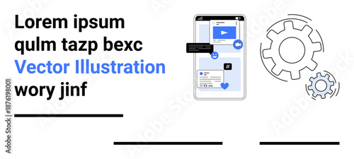 Digital transformation, app development, user interface, media streaming, software engineering, innovation. Smartphone displaying interface elements, icons and gears. Digital transformation and app
