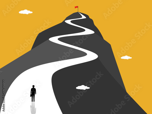 Businessmen see success at the top of a distant mountain