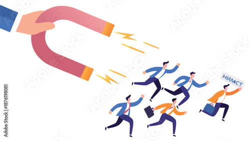 HR, Human resource recruiting candidates or talents, marketing to attract or draw new customers or leadership and charm concept, big employer hand using magnet power to draw new people employees. 