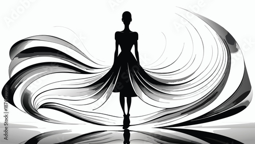 Elegant woman in flowing dress with dynamic abstract design