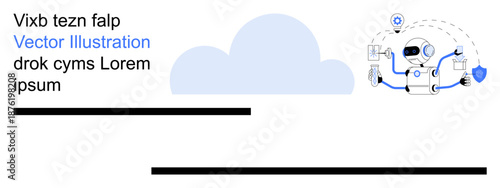 Cloud storage, artificial intelligence, data security, automation, digital tools, innovation. A robot managing tasks around a cloud icon with security and connection icons. Cloud storage
