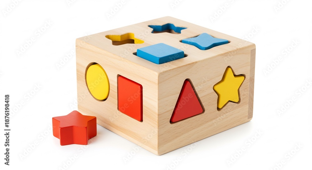 Obraz premium 明るい光が当たる木製シェイプソーター カラフルなブロックが子供たちの知的好奇心を刺激し楽しく学ぶ知育玩具. AI Generated