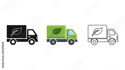 Eco-friendly delivery truck icon set with leaf symbol in flat, solid, and outline illustration representing green logistics
