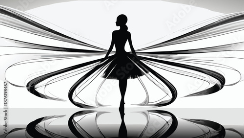 Elegant woman in motion with flowing dress and abstract design elements