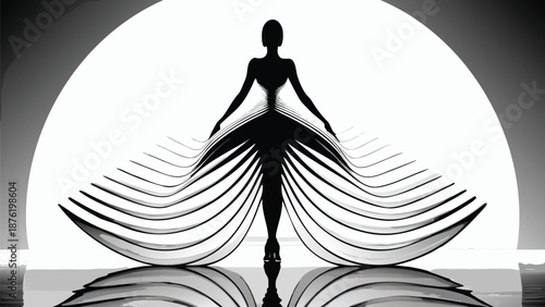 Elegant woman in futuristic dress standing in modern archway