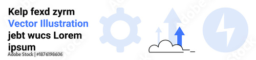 Technology, innovation, business strategy, growth, energy efficiency, progress. Gear icon, cloud with upward arrow and lightning bolt. Technology and innovation concepts visually showcased