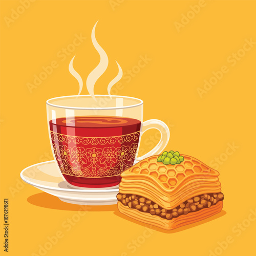 Baklava and Steaming Turkish Tea Dessert Vector