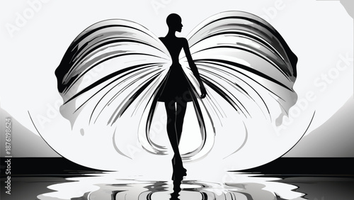 Elegant woman in black dress standing in front of abstract butterfly wings