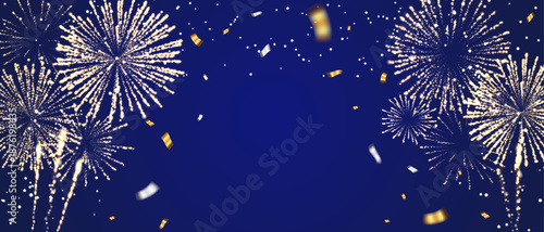 Golden fireworks and confetti explosion on blue background illustration
