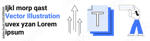 Marketing strategies, data analysis, business growth, digital communication, creative tools, concept design. Graphical arrows, layered text person holding rating board. Marketing strategies