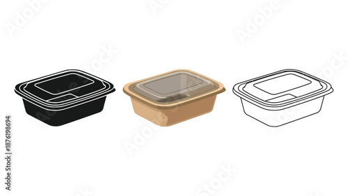 Set of three food storage container icons with lids in black, color illustration, and outline drawing