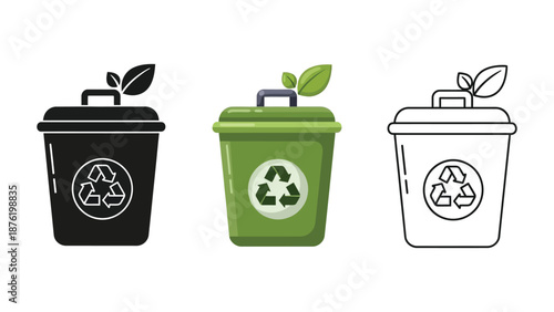 Set of three recycling bin icons with green leaves in black silhouette, color illustration, and outline drawing