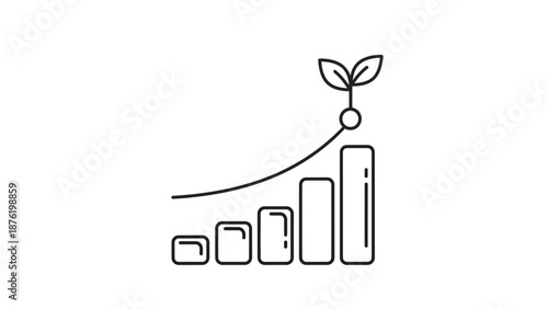 Rising bar chart icon with sprouting plant representing sustainable growth and business success line art.