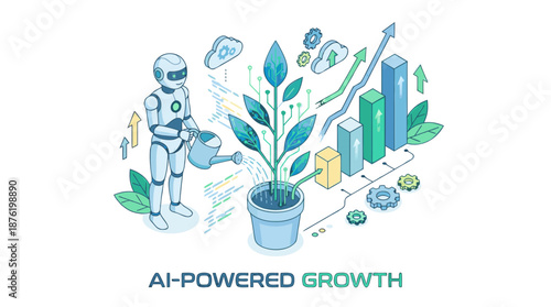 AI agent helping business growth. Robot assistant watering data plant. Vector illustration of artificial intelligence automation and financial success