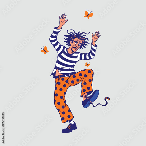 Eccentric Jumpy Man Surrounded by Butterflies