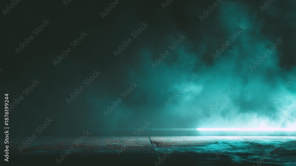 Obraz premium A dark, atmospheric scene featuring a glowing light cutting through dense fog, creating a mysterious and surreal ambiance.