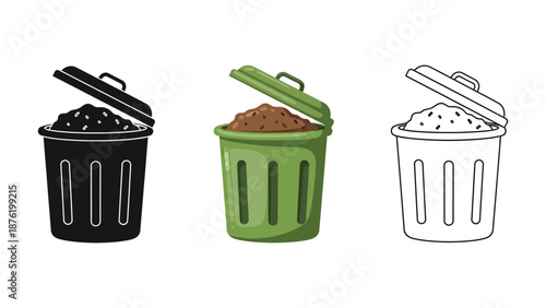 Set of three trash can icons with open lids filled with waste in black silhouette, color illustration, and outline drawing