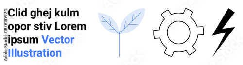 Minimalist design with a blue leaf, gear outline, and black lightning. Ideal for sustainability, innovation, power, energy, eco-consciousness, mechanics technology simple landing page