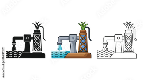 Set of three hand water pump icons drawing water in solid black, color illustration, and outline drawing