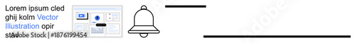 Notifications, user interface, digital communication, alert system, online tools, website development. Visual of a notification bell and interface elements. Notifications and user interface ion