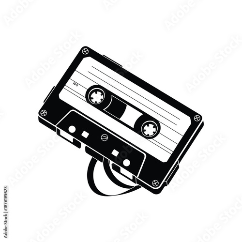 a black and white cassette tape on a white background