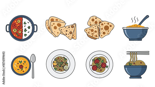 Collection of eight colorful flat design icons representing various international dishes including curry rice noodles soup and bread for digital food service applications