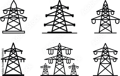 High Voltage Power Lines, Electrical Transmission Towers, Energy Infrastructure, Vector Icons, Utility Grid