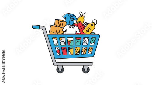 Cartoon shopping cart overflowing with colorful retail items including clothing boxes and price tags symbolizes massive consumer purchases and successful retail commerce transactions.