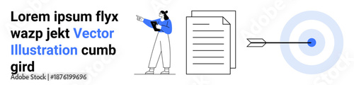 Person standing while assessing document, arrow hitting bullseye target. Ideal for goal setting, planning, strategy, success, focus, achievement, simple landing page