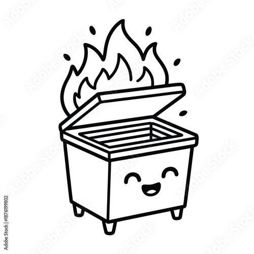 a cartoon dumpster is on fire with a smiley face
