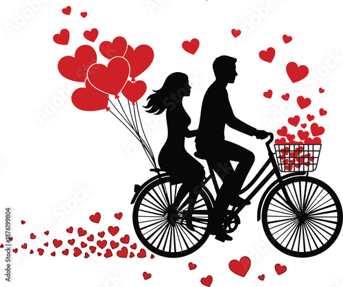 love, couple, romantic, romance, valentine, valentines day, heart, hearts, bicycle, bike, cycling, silhouette, lovers - Romantic Bicycle Date Silhouette with Hearts, Valentine Love Illustration