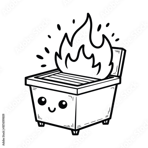 a cartoon trash can is on fire with a happy face