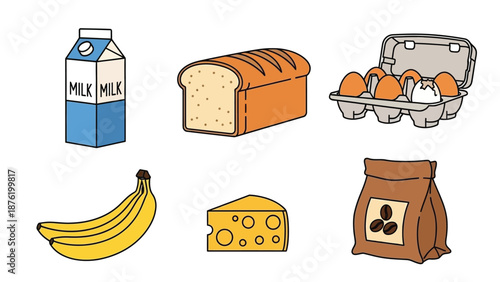 Simple hand drawn grocery icons illustrate essential food staples like milk bread eggs cheese bananas and a bag of coffee beans for shopping lists