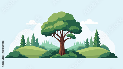 A beautiful and serene flat design landscape illustration featuring a large central oak tree on rolling green hills with a forest in the background.