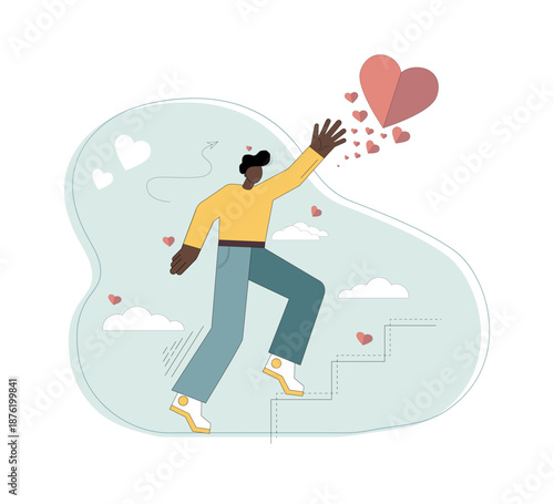 Vector illustration. A man runs up the stairs, trying to catch a heart. Love concept. In search of love..eps