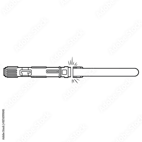 a disassembled mechanical tool with a long handle and detailed end