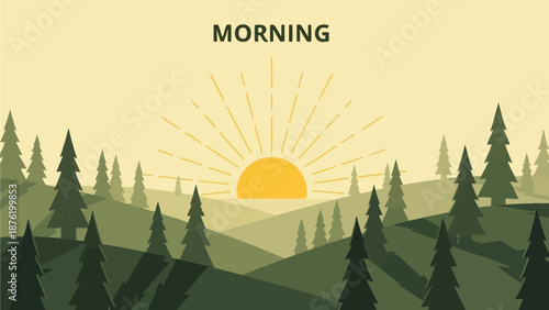 Minimalist illustration featuring a bright stylized sun rising above layered green hills and dark pine trees under the word morning