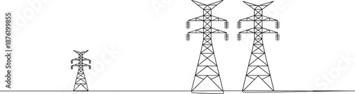 High voltage power lines, electricity transmission towers, energy infrastructure, industrial landscape, power grid, utility poles