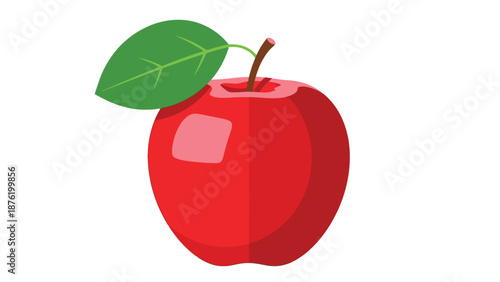 Vividly illustrated bright red apple featuring a single green leaf and brown stem offering a fresh healthy snack concept