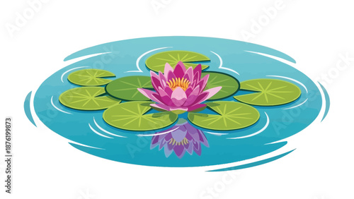 Vivid illustration depicts a beautiful vibrant pink water lily blooming serenely atop calm blue pond water surrounded by glossy green lily pads reflecting its image.
