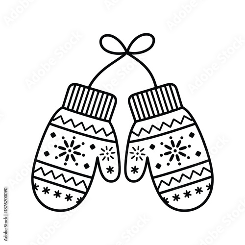 a pair of mittens with snowflakes and patterns hanging on a string