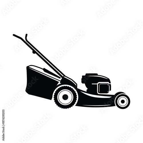 a black and white image of a lawn mower with a bag