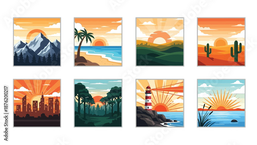 Collection of stylized landscape vectors depicting diverse natural environments at sunrise or sunset perfect for graphic design projects