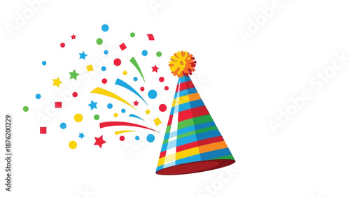 Colorful striped birthday party hat vector illustration exploding with confetti and celebratory streamers