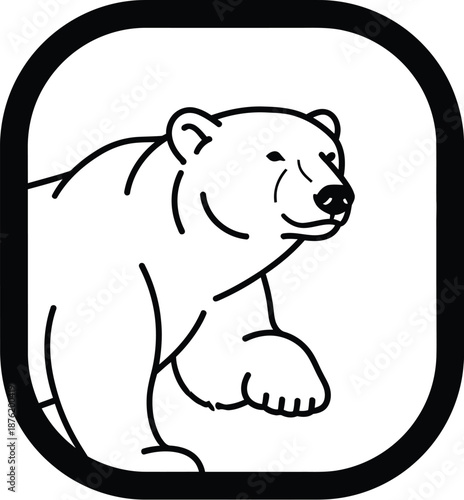 Simple black and white outline drawing of a walking polar bear icon contained within a rounded square frame suitable for branding applications