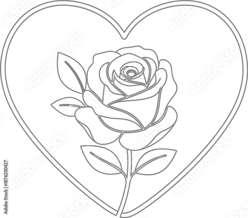 Elegant single line art drawing of a beautiful blooming rose flower perfectly framed within a classic heart shape outline symbolizing deep affection and romance.