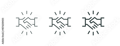 Handshake, partnership deal, corporate trust contract thin outline icon. Minimalist line sign two hands in hand shake. Vector isolated pictogram perfect for web and app or infographic editable stroke.